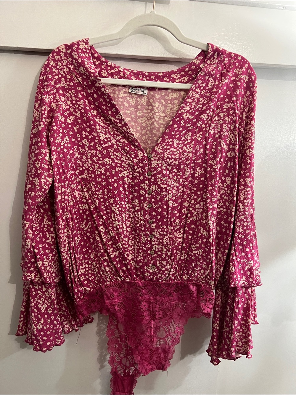 FreePeople bodysuit BoHo Floral Lace-Hem Fuchsia Women's Blouse